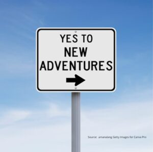 Sign post with the words "Yes to New Adventures" to illustrate a blog post about self reinvention.