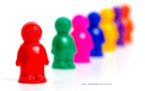 Colorful human shaped figures to illustrate how group culture influences conformity bias.